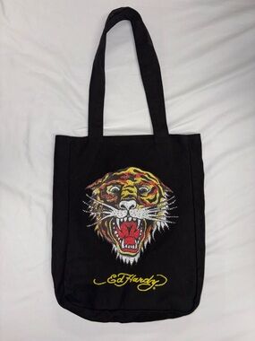 Ed Hardy Black Tote with Multicolor Tiger Graphic